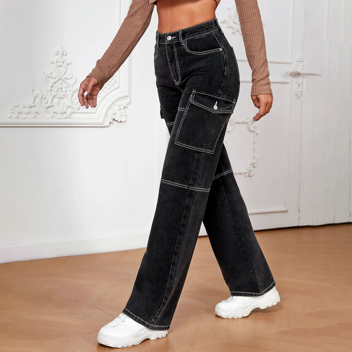 High Waist Flap Pocket Whip Stitch Jeans