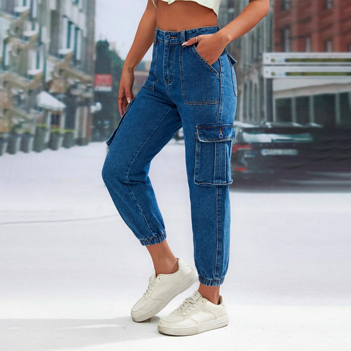 High Waist Denim Flap Pocket Cargo Jeans