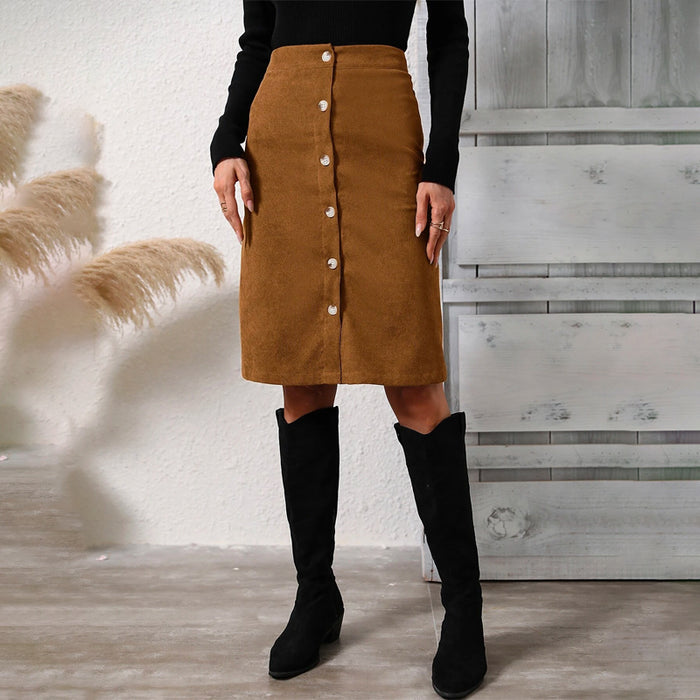 High Waist Button Front Corduroy Skirt