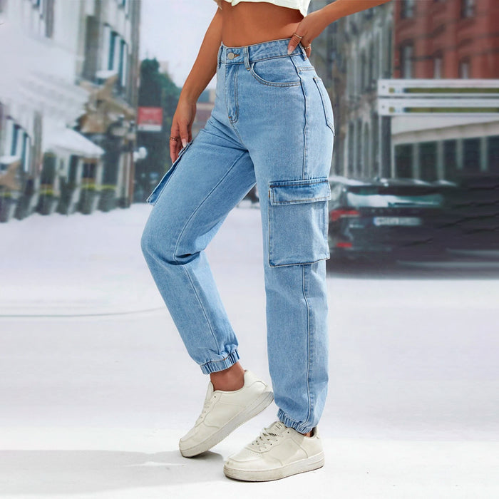 High Waist Flap Pocket Side Cargo Jeans