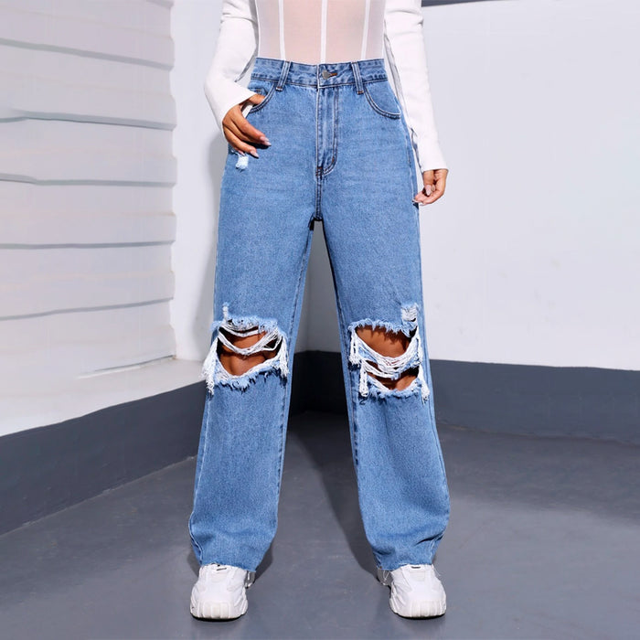 Ripped Raw Cut Straight Leg Jeans