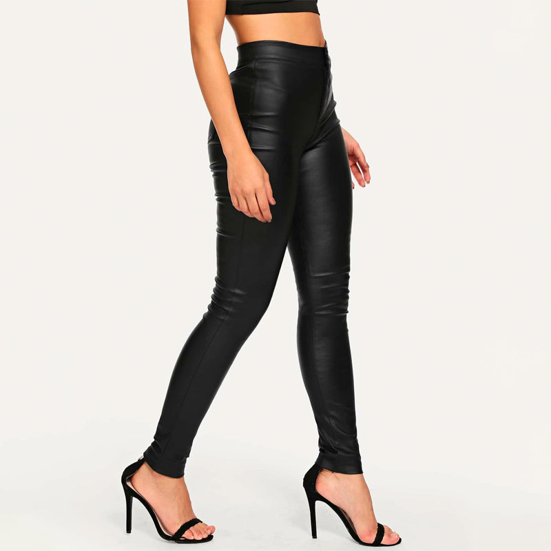 High Waist Stretch Leather Look Skinny Jeans