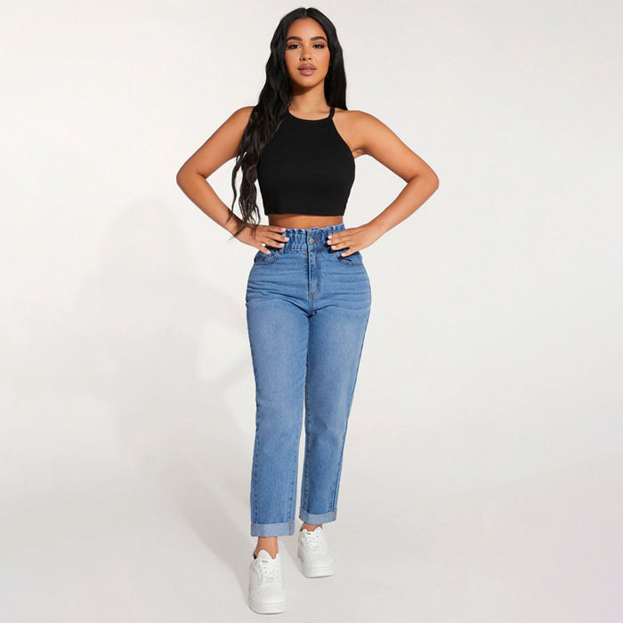 Paperbag Waist Roll Up Hem Mom Fit Jeans