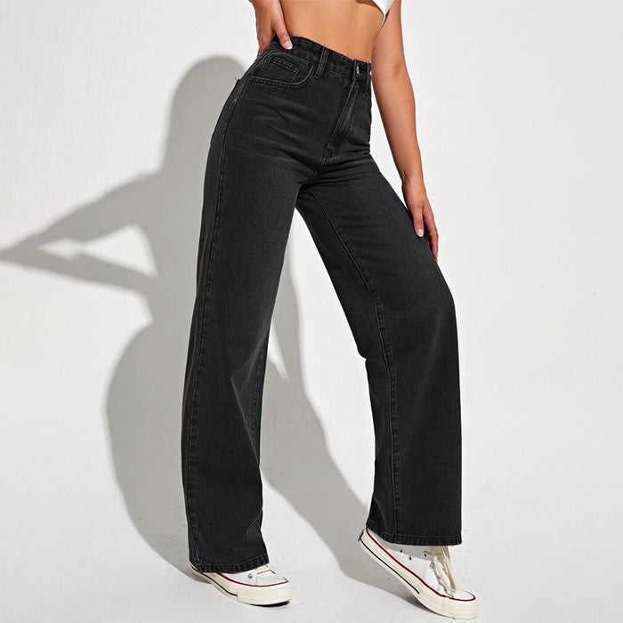 High Waist Slant Pocket Straight Leg Jeans