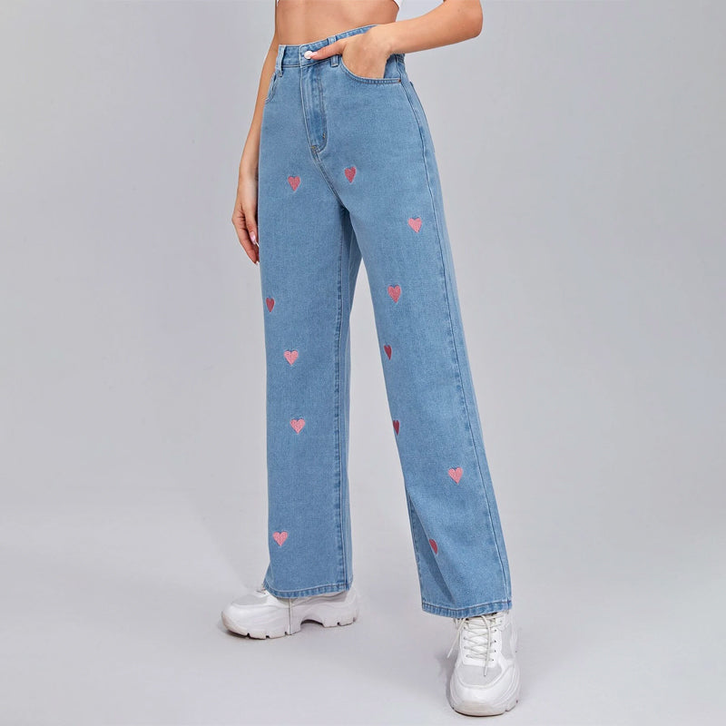 Embroidery Heart Wide Leg Jeans