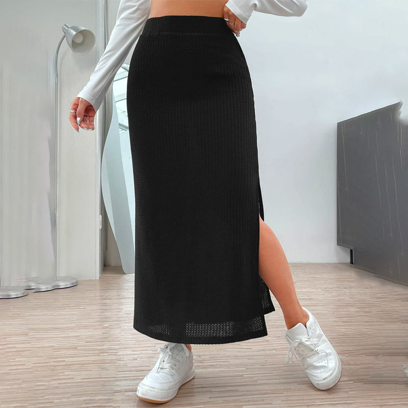 High Waist Split Thigh Waffle Knit Skirt