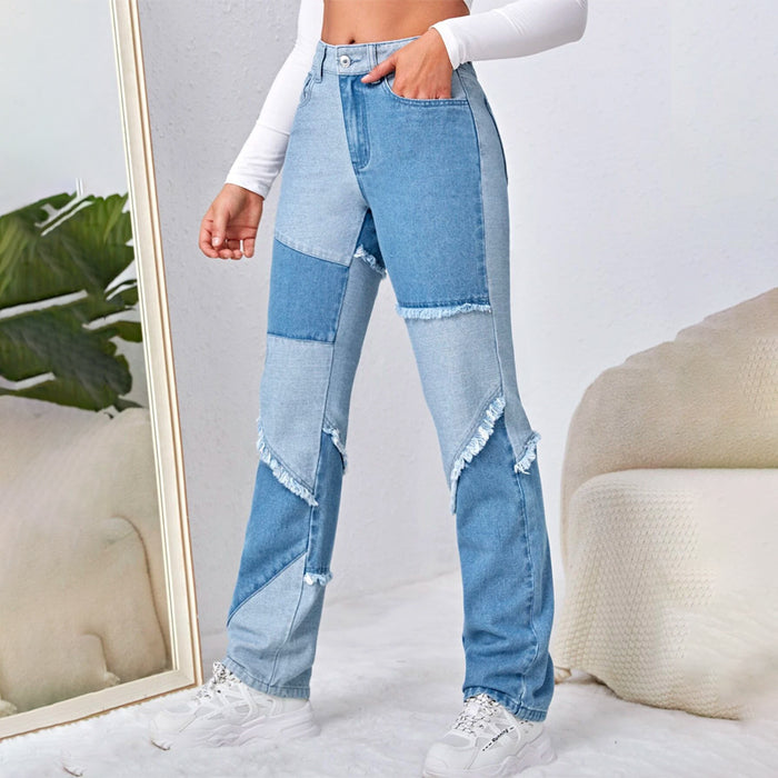 High Waist Colorblock Straight Leg Jeans