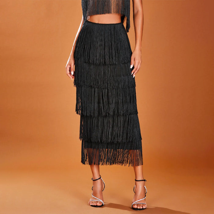 High Waist Fringe Trim Skirt