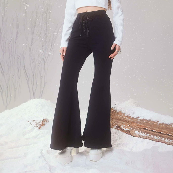 Plain Drawstring Waist Flare Leg Jeans