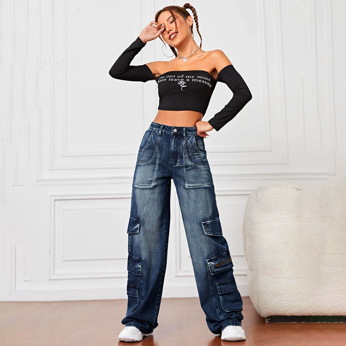 High Waist Pocket Cargo Jeans