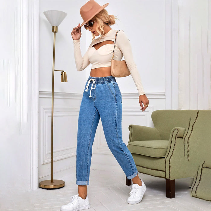 Drawstring Waist Roll Hem Mom Fit Jeans