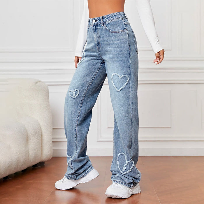 Heart Pattern Wide Leg Jeans