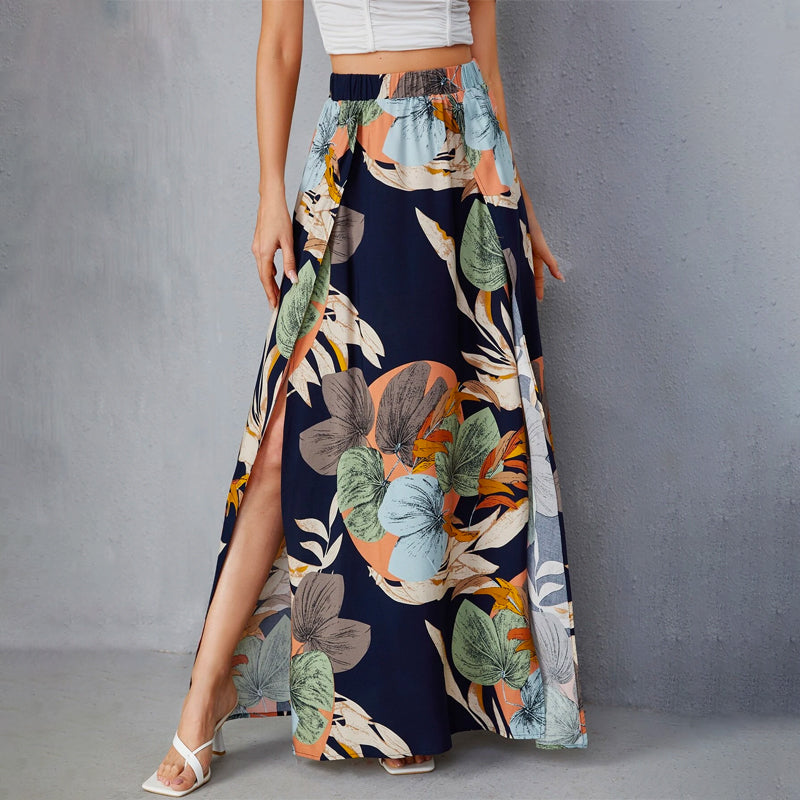 High Waist Tropical Print Split Thigh Skirt