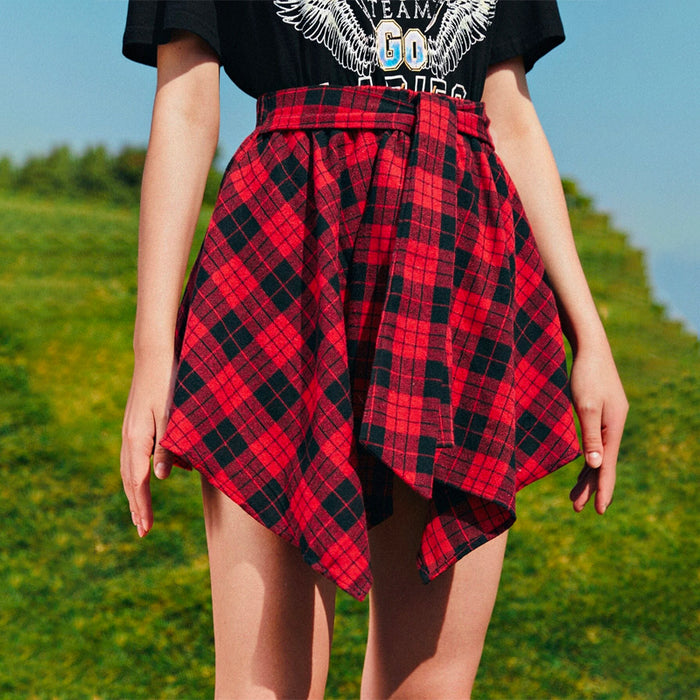 Knot Front Asymmetrical Hem Plaid Skirt