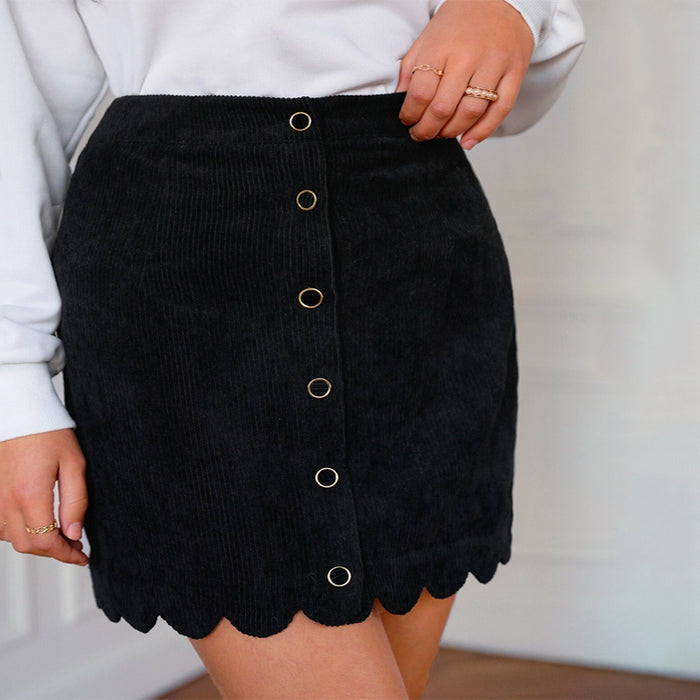 Frenchy Scallop Hem Button Front Corduroy Skirt