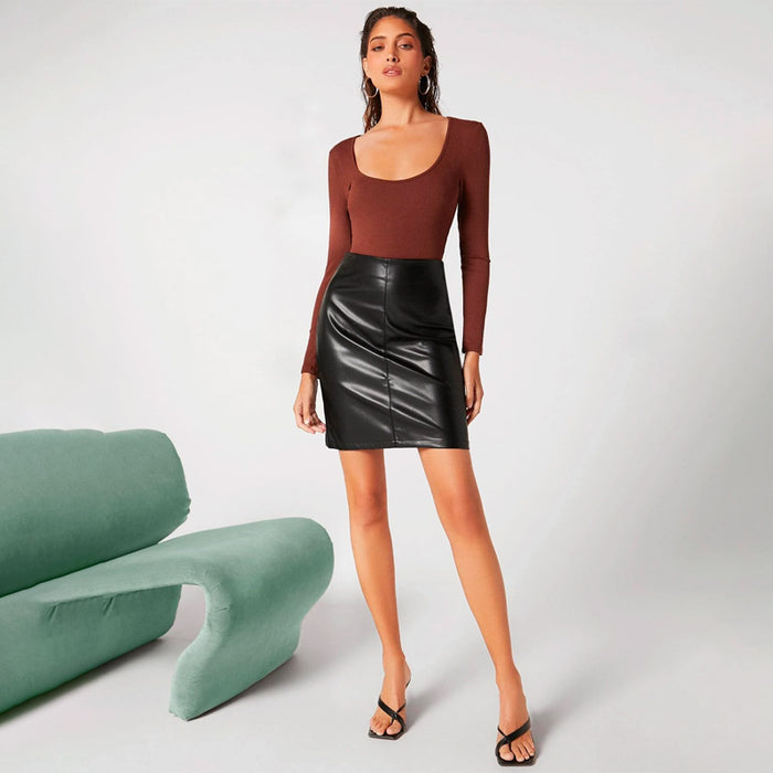 Solid Zip Back PU Leather Straight Skirt