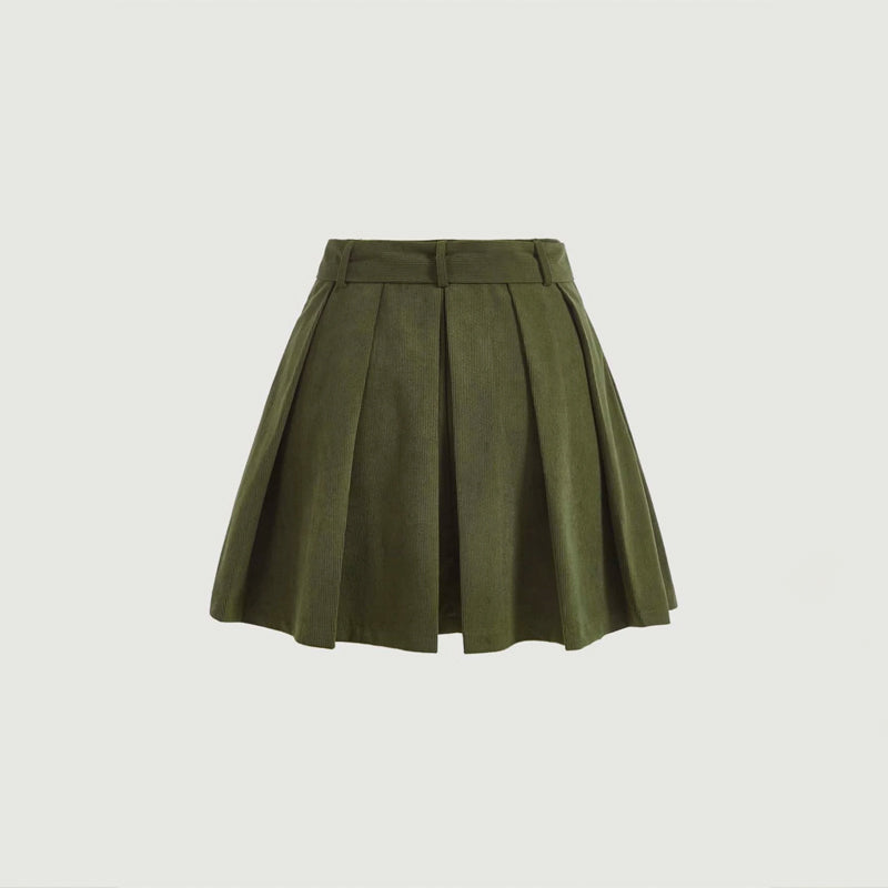 Solid Belted Pleated Skirt