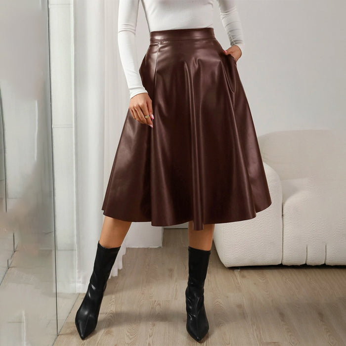 High Waist Slant Pocket PU Skirt