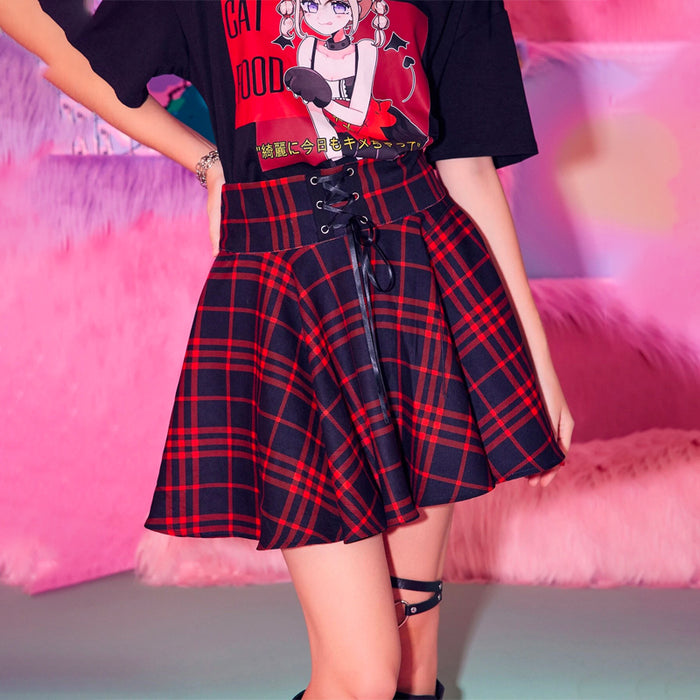 Casual Anime Plaid Lace Up Skirt