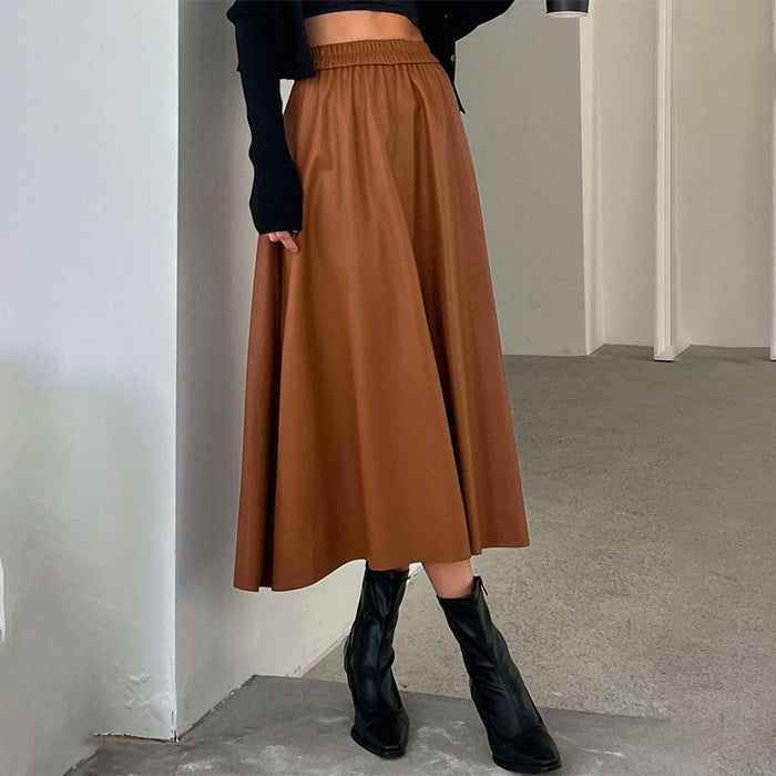 Solid PU Elastic Waist Skirt