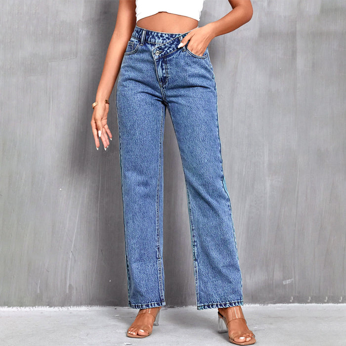 Asymmetrical Waist Straight Leg Denim Jeans