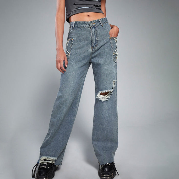 Grunge Punk Ripped Raw Hem Flare Leg Jeans