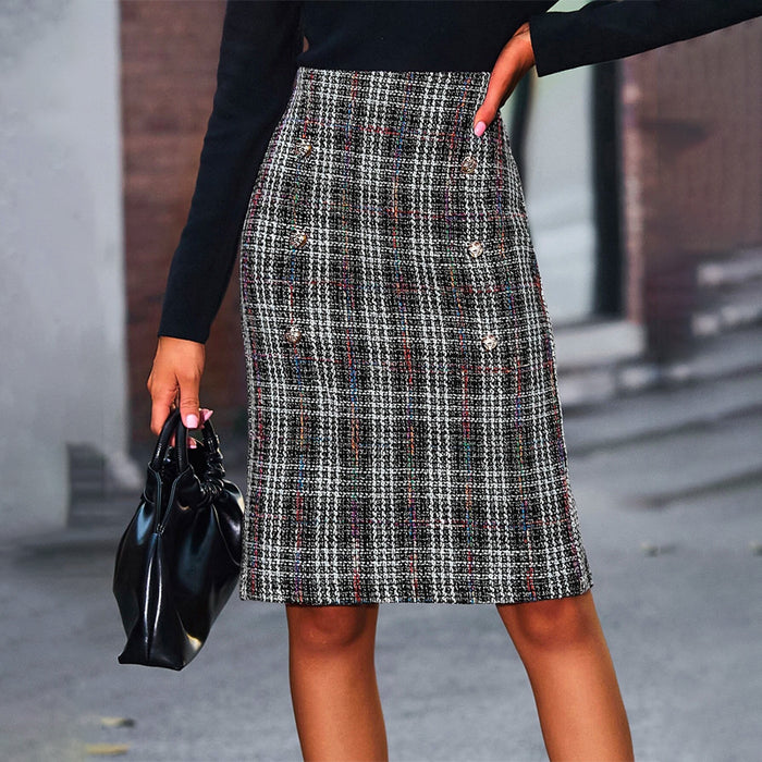 Plaid Split Back Tweed Straight Skirt