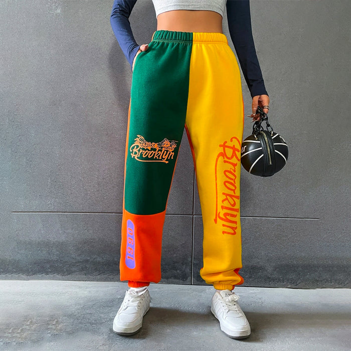 Mountain & Letter Graphic Color Block Sweatpants