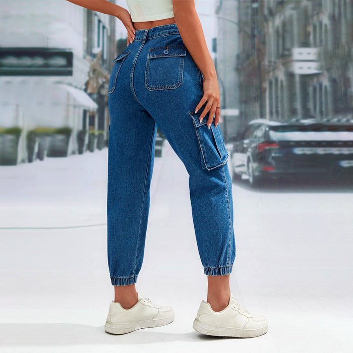 High Waist Denim Flap Pocket Cargo Jeans