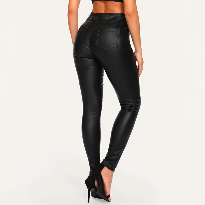 High Waist Stretch Leather Look Skinny Jeans