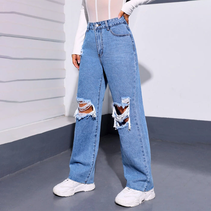 Ripped Raw Cut Straight Leg Jeans