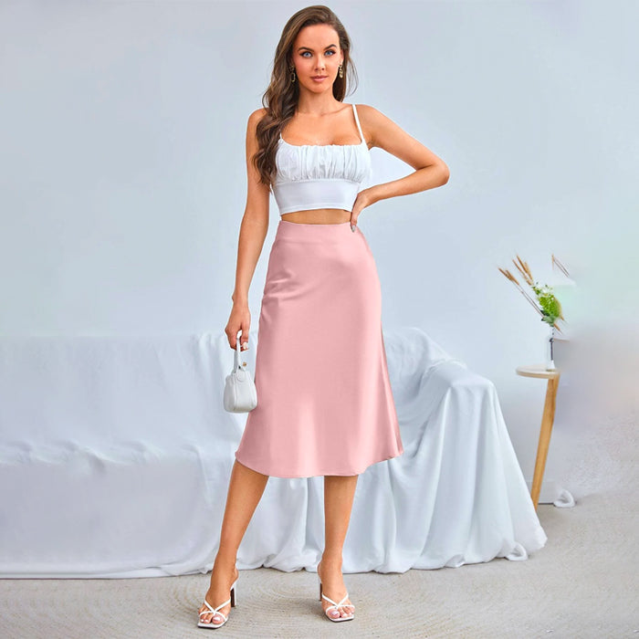 Zipper Side Solid Satin Skirt