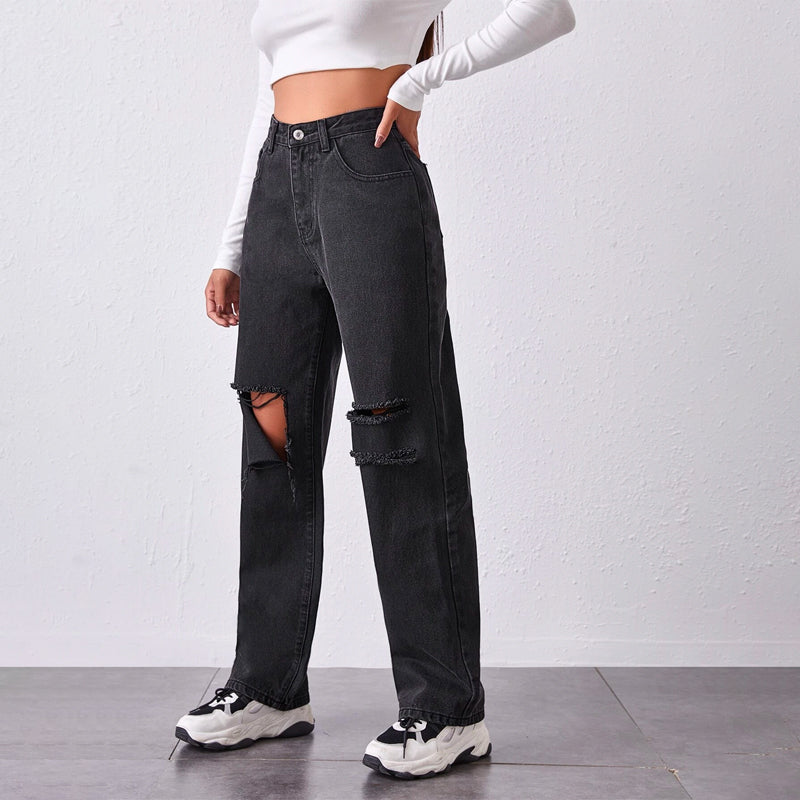 High-Waisted Ripped Baggy Jeans