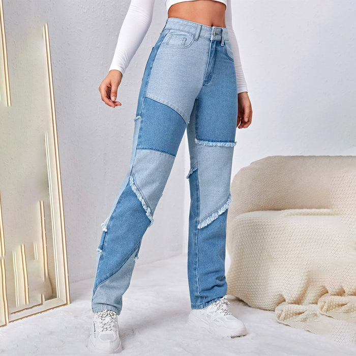 High Waist Colorblock Straight Leg Jeans