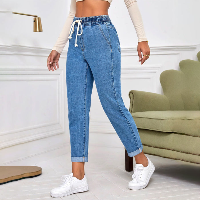 Drawstring Waist Roll Hem Mom Fit Jeans