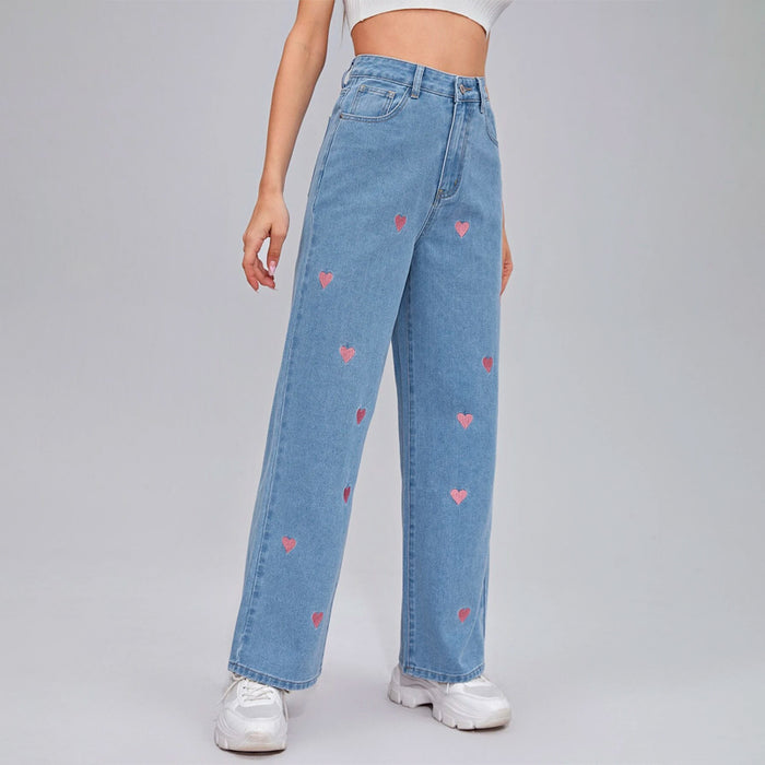 Embroidery Heart Wide Leg Jeans