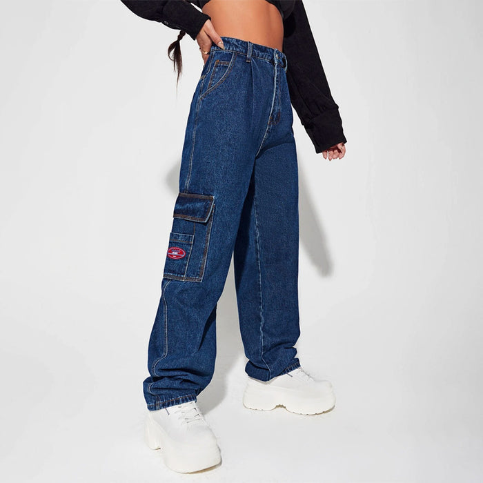 Patched Detail Flap Pocket Wide Leg Jeans