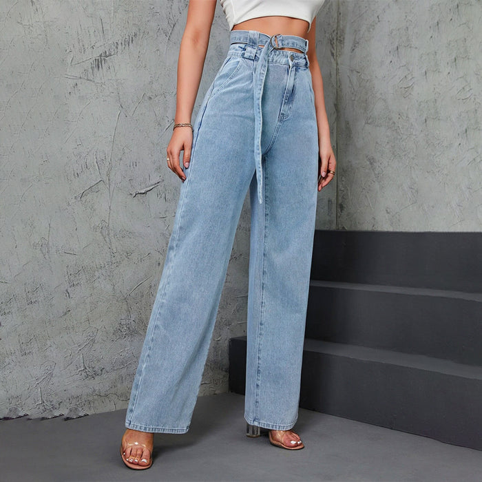 High Waist Belted Straight Leg Jeans