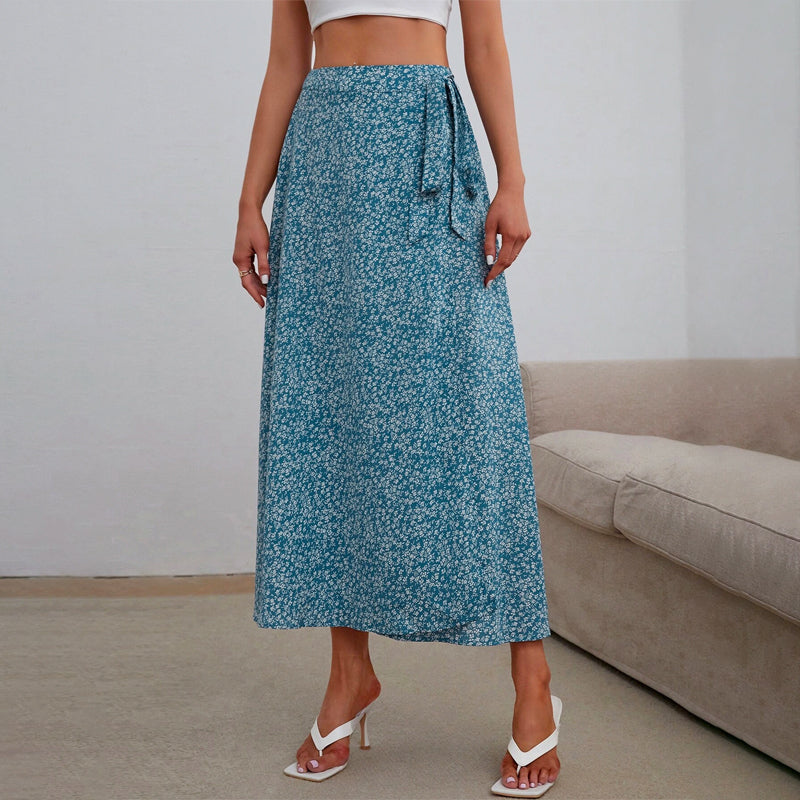 Floral Split Thigh Knot Side Wrap Skirt