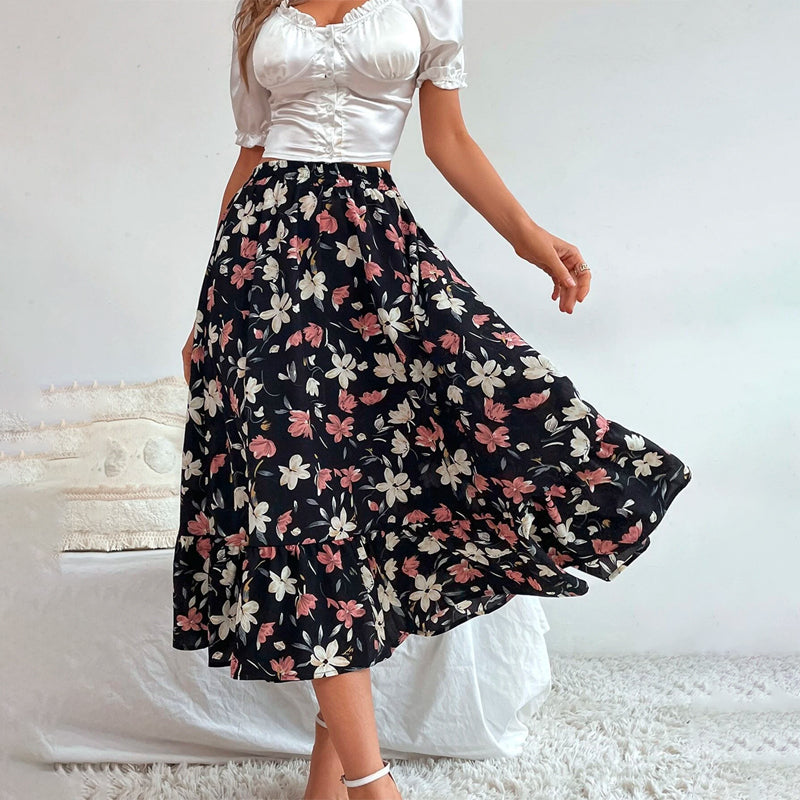 Allover Floral Print Ruffle Hem Skirt