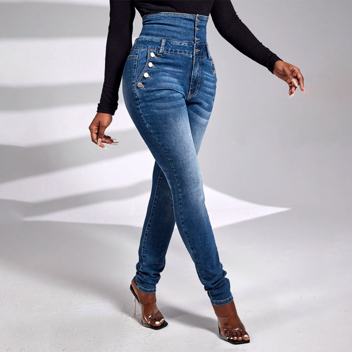 High Waist Button Front Plain Skinny Jeans