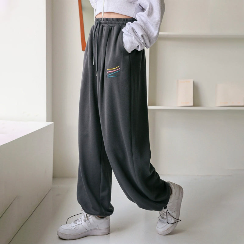 Striped Embroidered Drawstring Waist Sweatpants