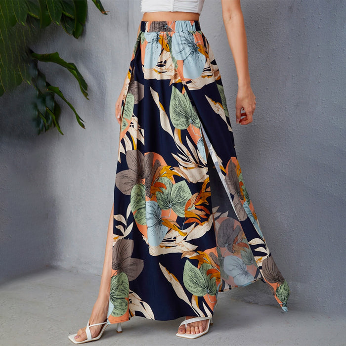 High Waist Tropical Print Split Thigh Skirt