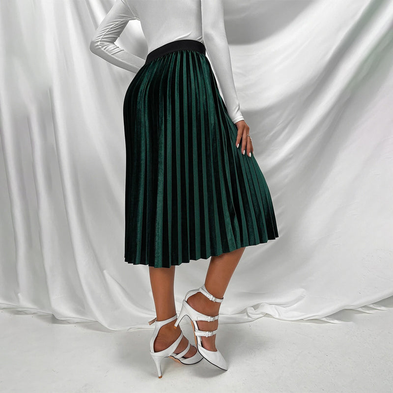 High Waist Velvet Pleated Skirt