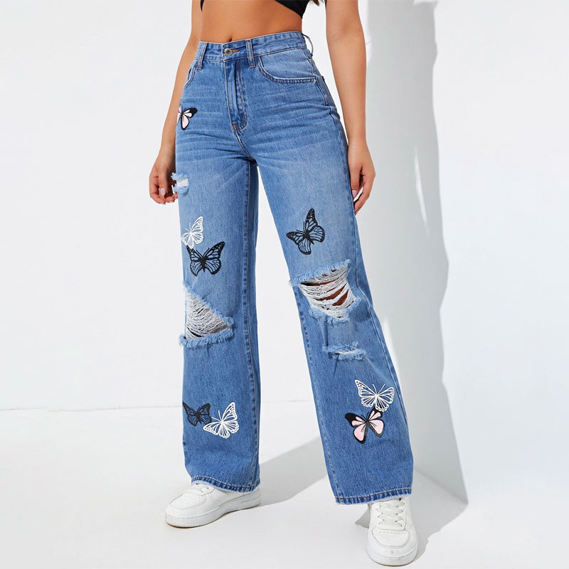 Butterfly Print Ripped Straight Leg Jeans