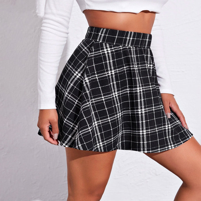 Elastic Waist Skater Plaid Skirt