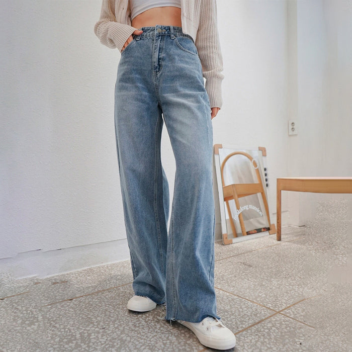 High Waist Slant Pocket Raw Cut Jeans