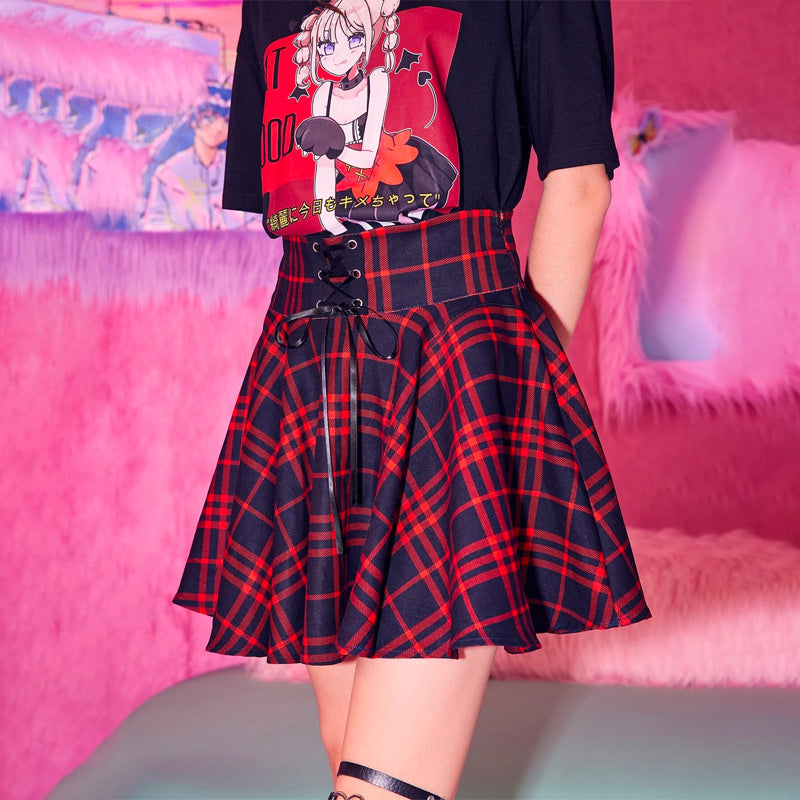 Casual Anime Plaid Lace Up Skirt