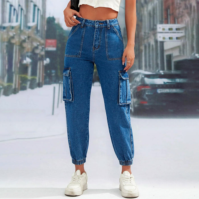 High Waist Denim Flap Pocket Cargo Jeans