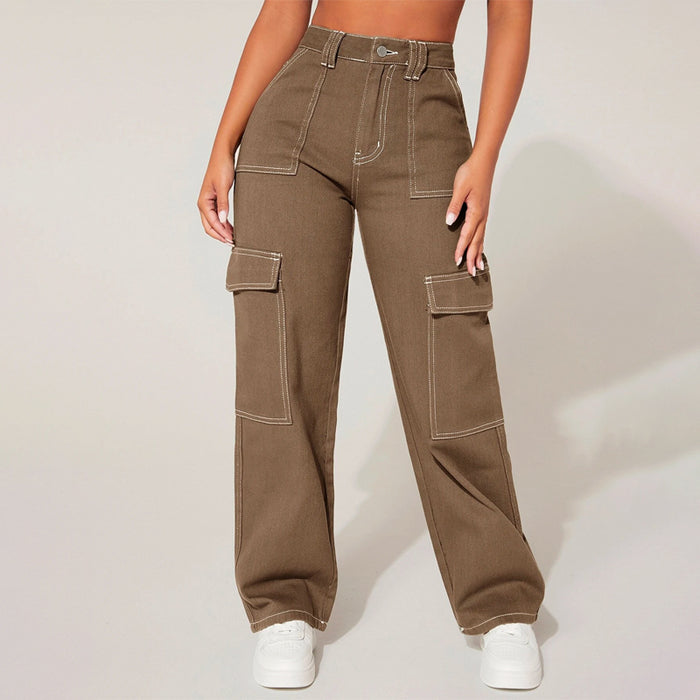 Plain High Waist Flap Pocket Cargo Jeans